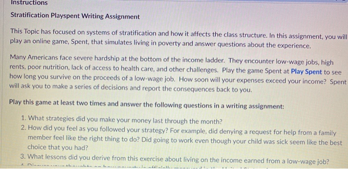 Solved Instructions Stratification Playspent Writing | Chegg.com