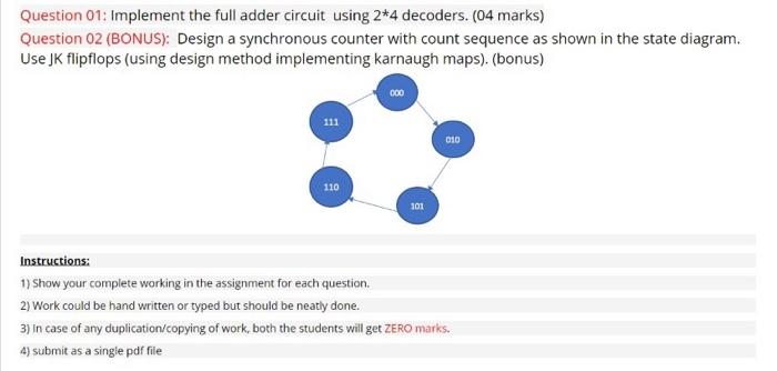 Solved Question 01: Implement the full adder circuit using | Chegg.com