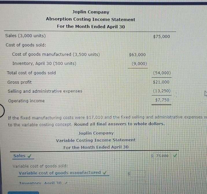 Joplin Company Absorption Costing Statement