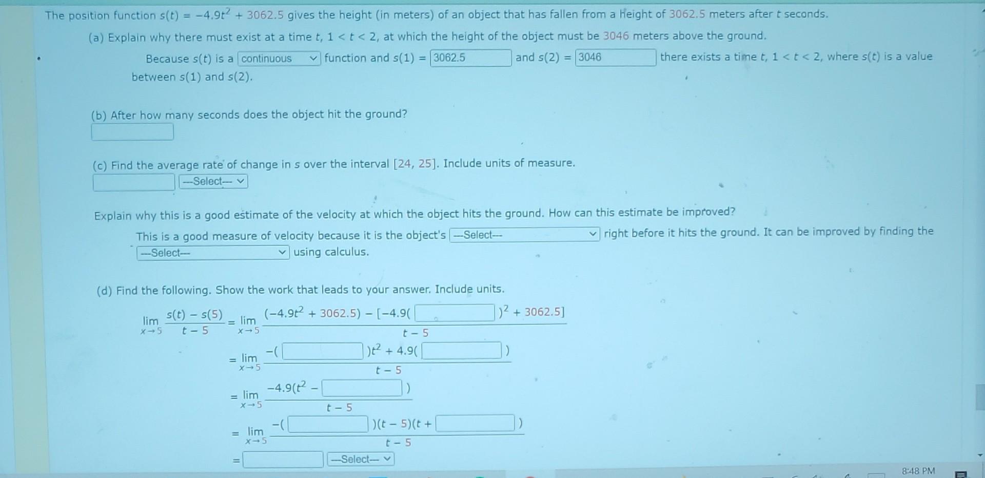 Solved E Position Function S T −4 9t2 3062 5 Gives The