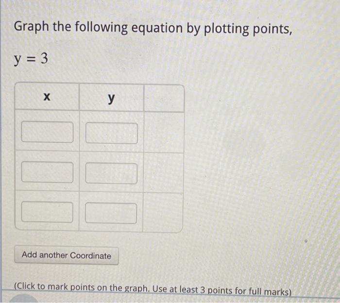 Graph the following equation by plotting points,
\[
y=3
\]
(Click to mark points on the graph. Use at least 3 points for full