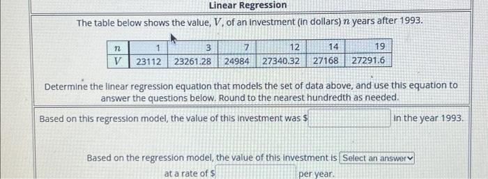 Solved Linear Regression The table below shows the value, V, | Chegg.com