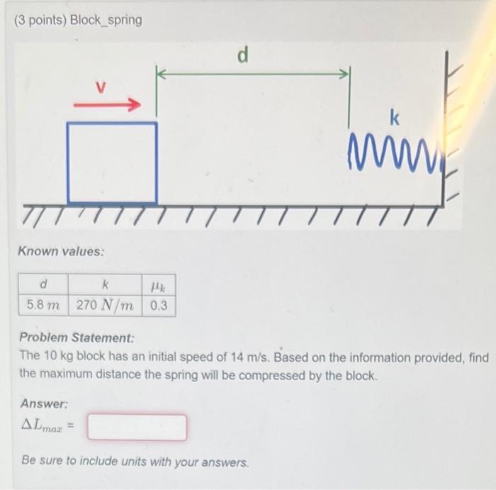 Solved (3 points) Block_spring Known values: Problem | Chegg.com