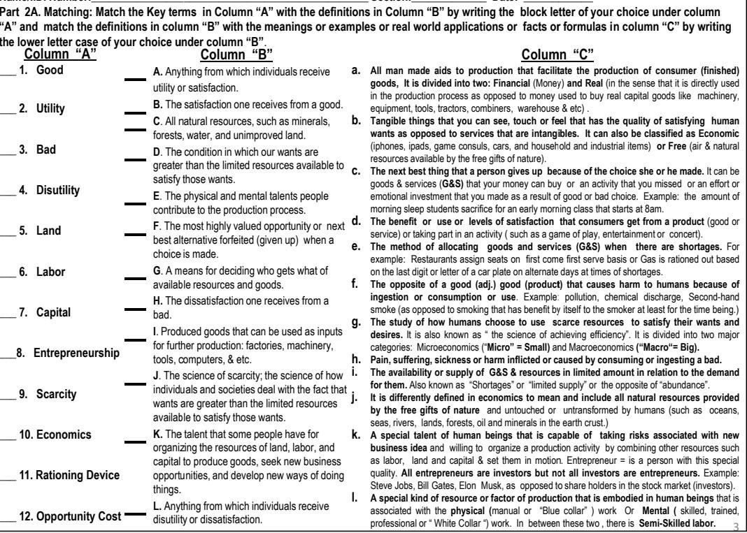 Solved TL II Part 2A. Matching: Match the Key terms in | Chegg.com