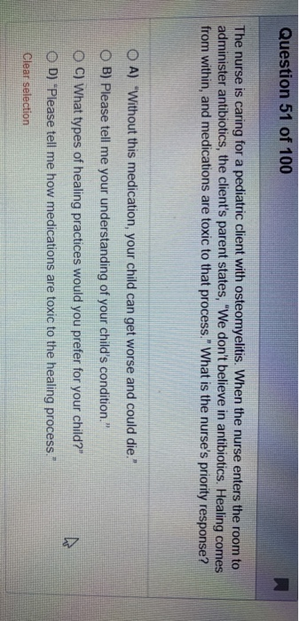 Solved Question 51 of 100 The nurse is caring for a | Chegg.com