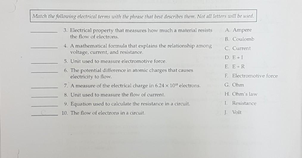 Solved Match the following electrical terms with the phrase | Chegg.com