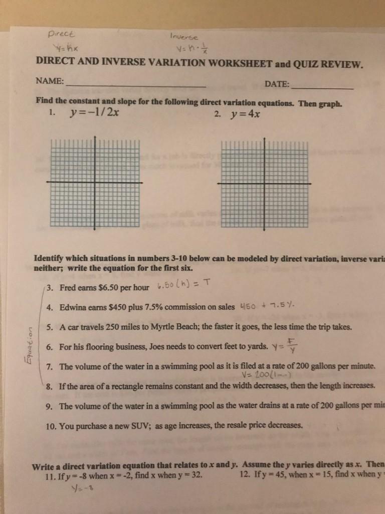 Direct Inverse y=kx V = -25 DIRECT AND INVERSE  Chegg.com With Direct Variation Worksheet Answers