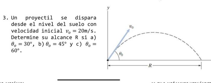 3. Un proyectil se dispara desde el nivel del suelo con velocidad inicial \( v_{o}=20 \mathrm{~m} / \mathrm{s} \). Determine