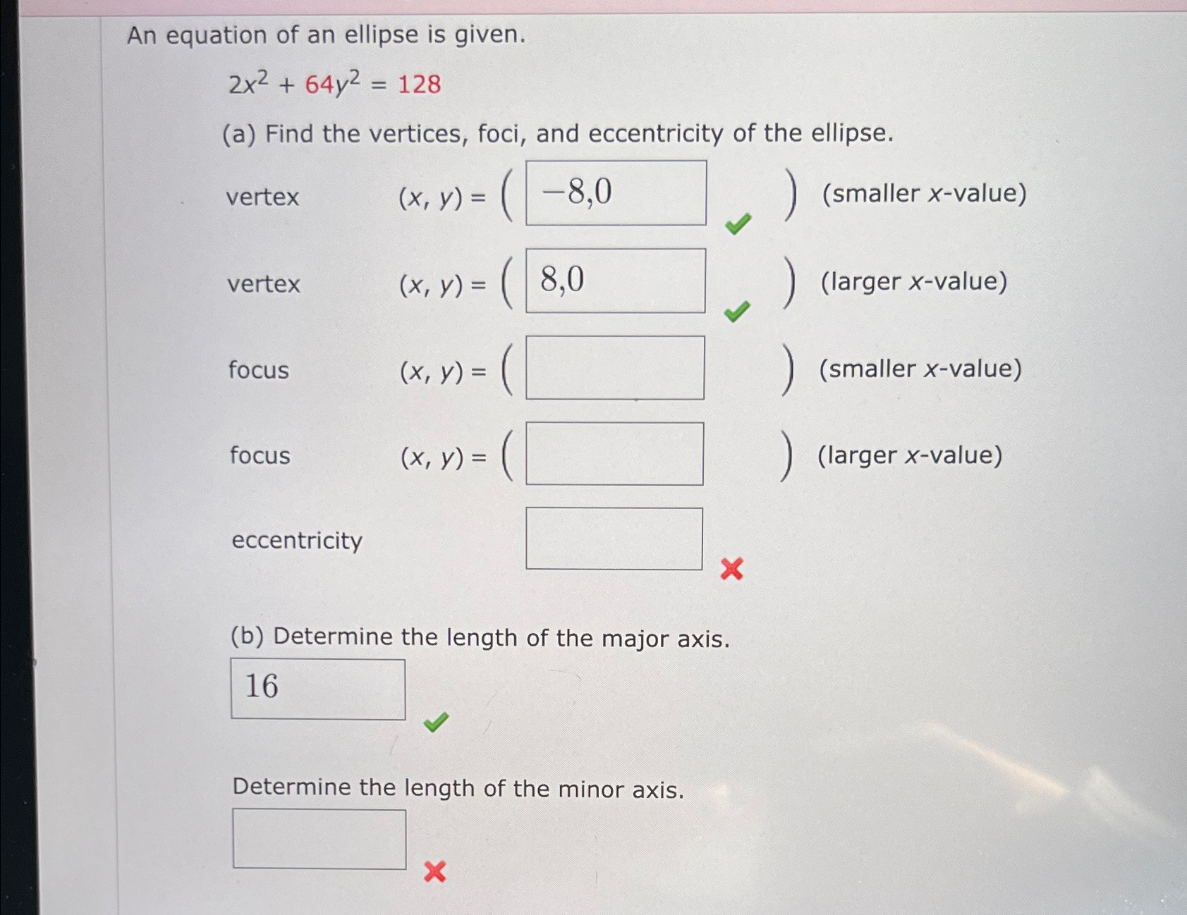 solved-an-equation-of-an-ellipse-is-given-2x2-64y2-128-a-chegg
