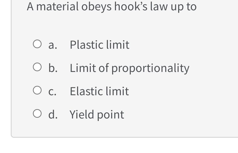 Solved A material obeys hook&rsquo;s law up to O a. Plastic limit 