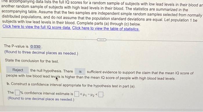Solved The accompanying data lists the full IQ scores for a | Chegg.com