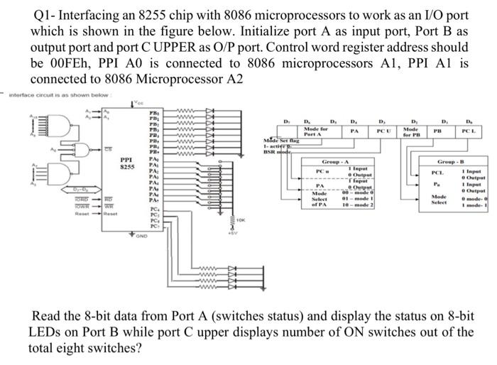 Q1- Interfacing an 8255 chip with 8086 microprocessors to work as an \( \mathrm{I} / \mathrm{O} \) port which is shown in the