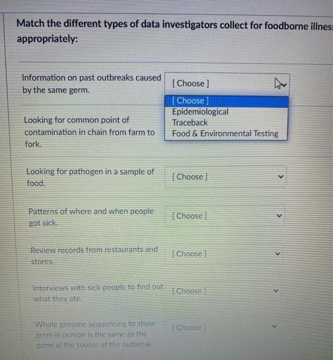 Match the different types of data investigators collect for foodborne illnes appropriately: Information on past outbreaks cau