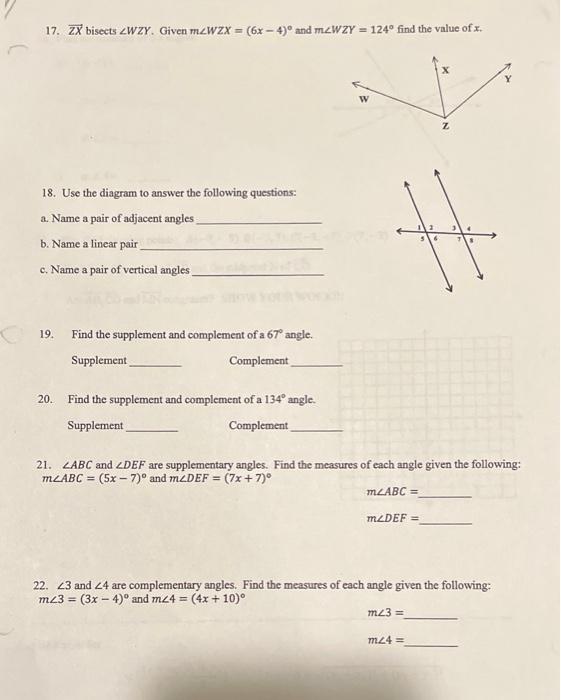 Solved 17. ZX bisects ∠WZY. Given m∠WZX=(6x−4)∘ and