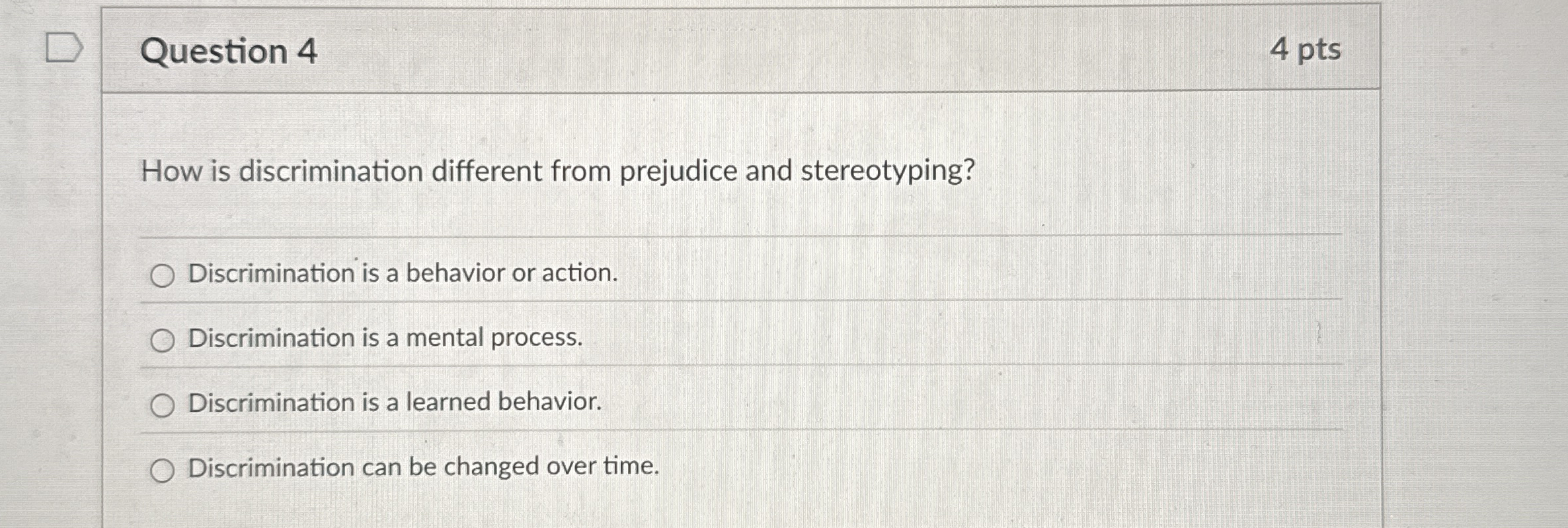 Solved Question 44 ﻿ptsHow is discrimination different from | Chegg.com