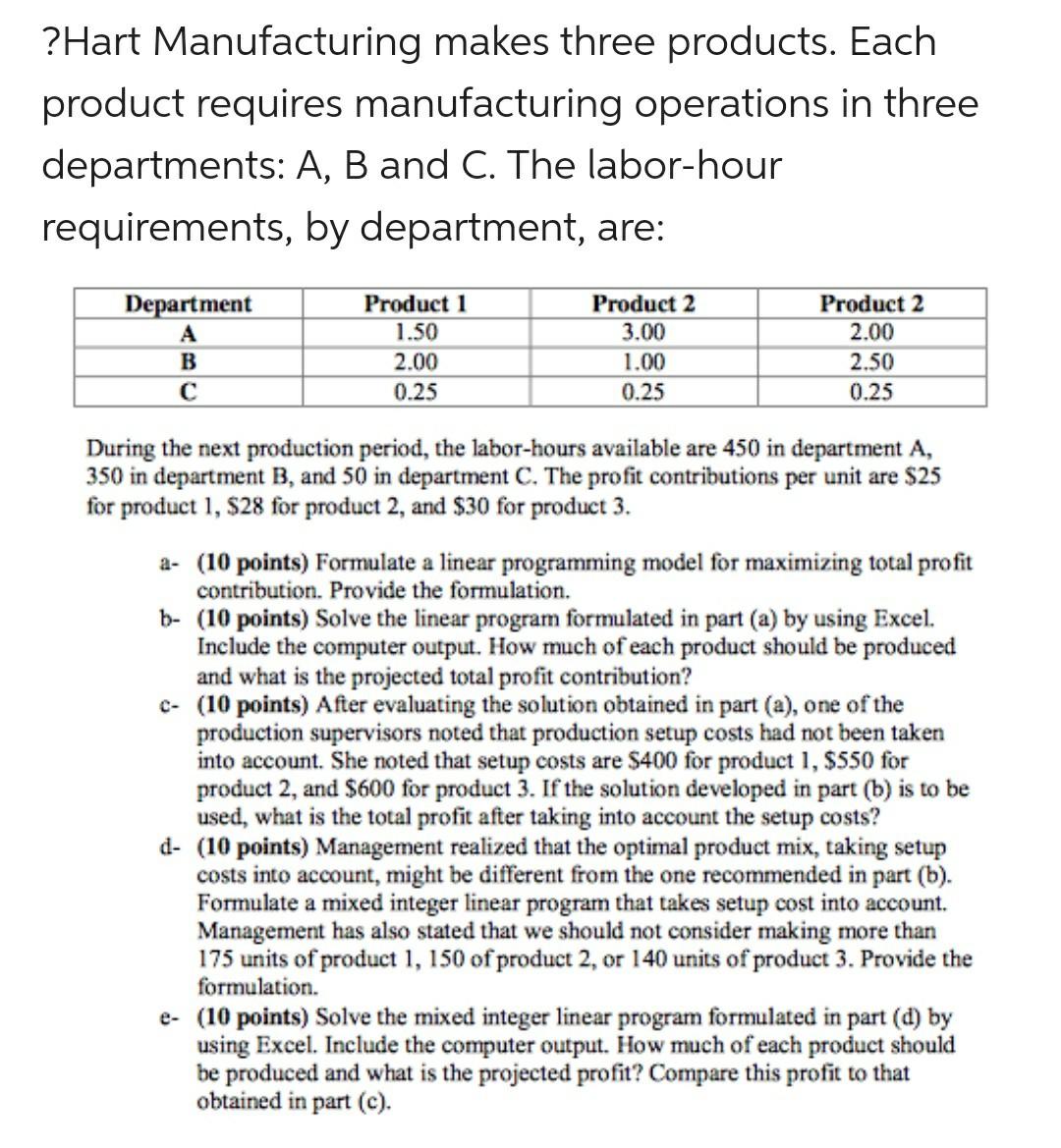 Solved ?Hart Manufacturing makes three products. Each