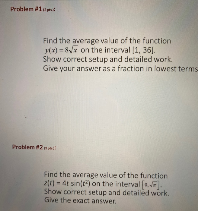 Solved Problem #1 (2 pts.): Find the average value of the | Chegg.com