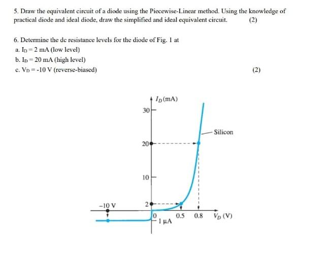 5. Draw the equivalent circuit of a diode using the Piecewise-Linear method. Using the knowledge of
practical diode and ideal