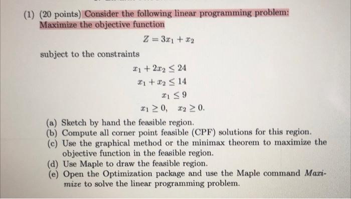 Solved (1) (20 points) Consider the following linear | Chegg.com