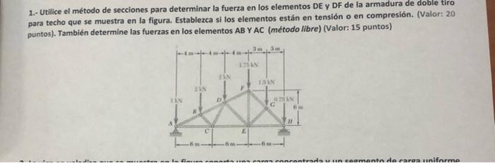 1.- Utilice el método de secciones para determinar la fuerza en los elementos DE y DF de la armadura de doble tiro para techo