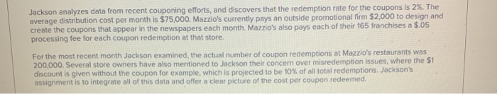 Mazzio's Cost per Coupon Redeemed Mazzio's Italian | Chegg.com