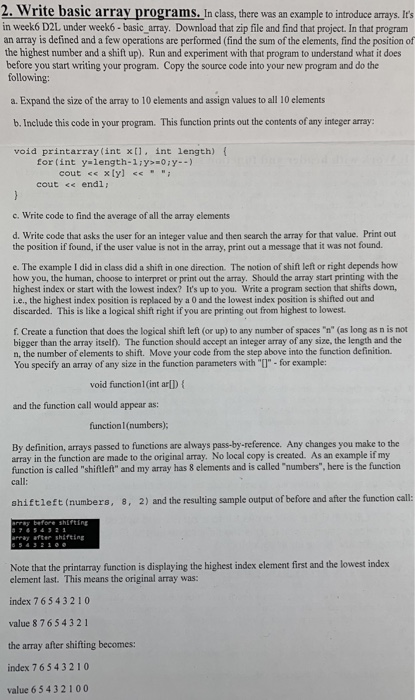 Solved 2. Write basic array programs, In class, there was an | Chegg.com