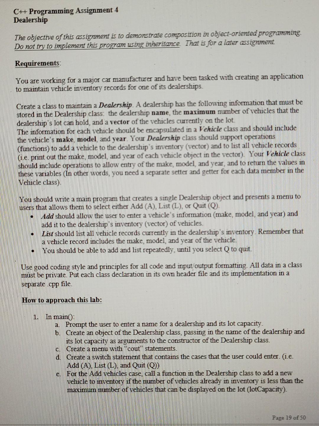 Solved CH Programming Assignment 4 Dealership The objective | Chegg.com