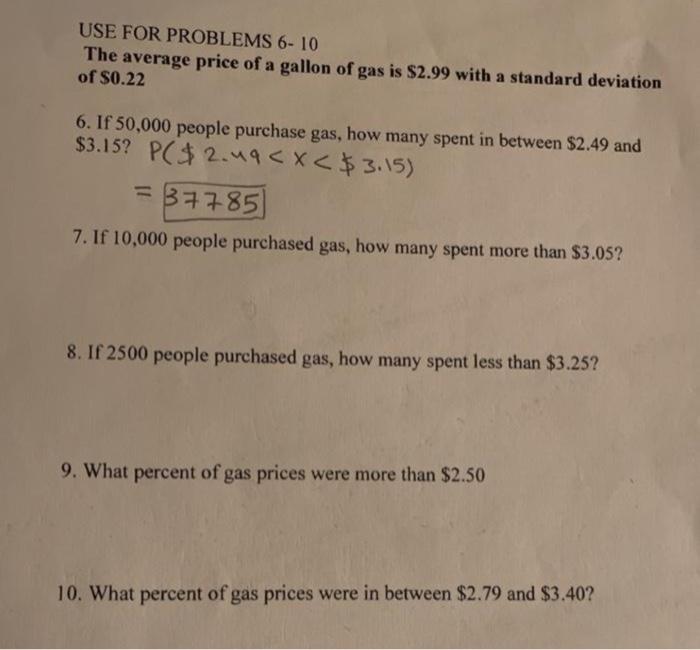 Solved USE FOR PROBLEMS 6-10 The average price of a gallon | Chegg.com