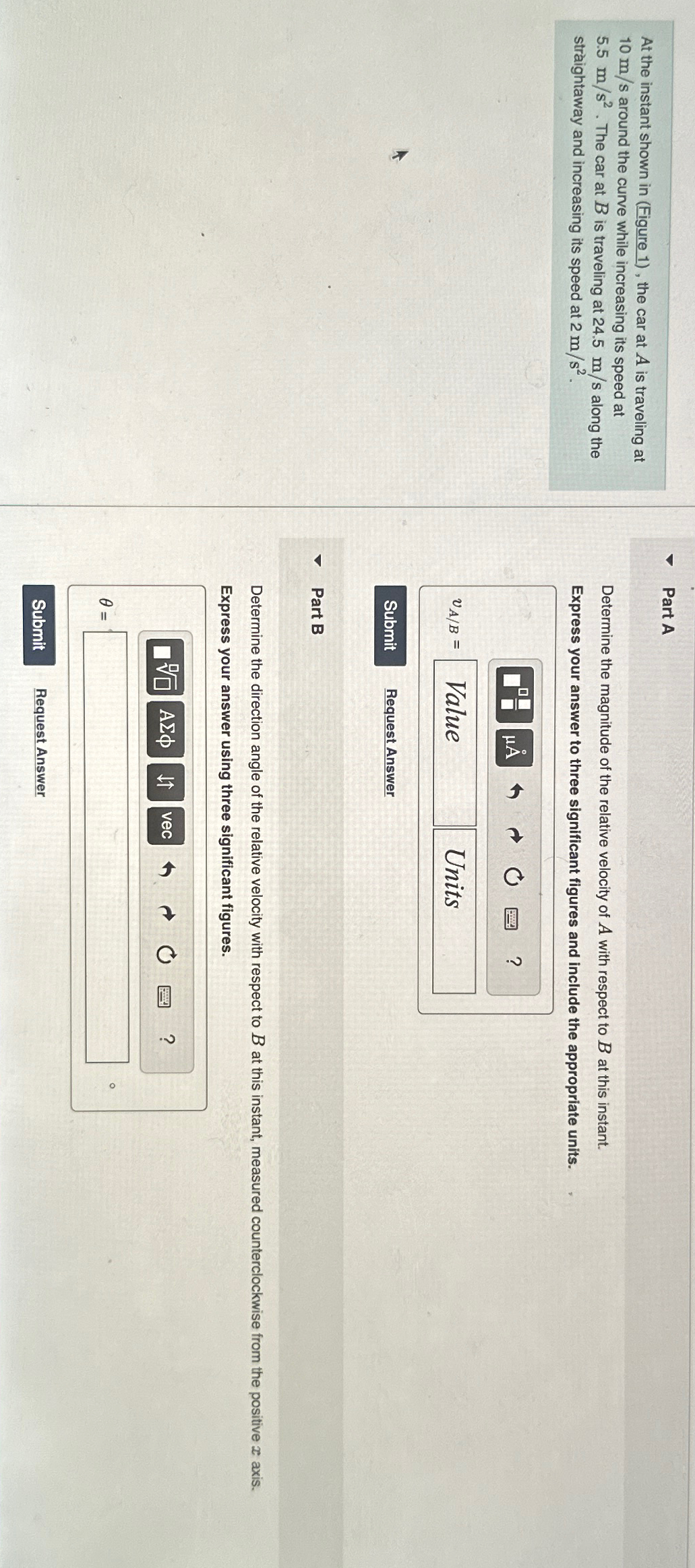 Solved At the instant shown in (Figure 1), ﻿the car at A ﻿is | Chegg.com