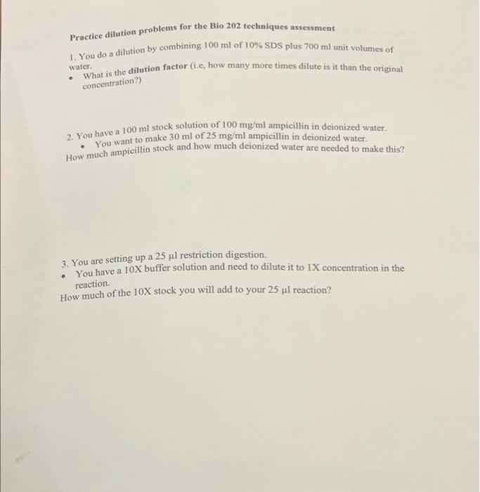 Solved Practice dilution problems for the Bio 202 techniques