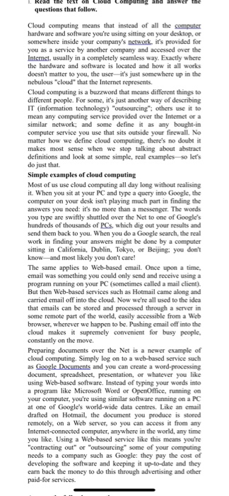 Solved computing and swer the questions that follow. Cloud | Chegg.com