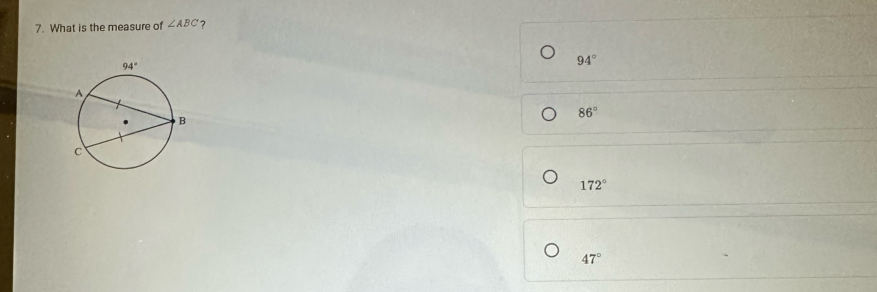 Solved What is the measure of ??ABC ?94°86°172°47° | Chegg.com