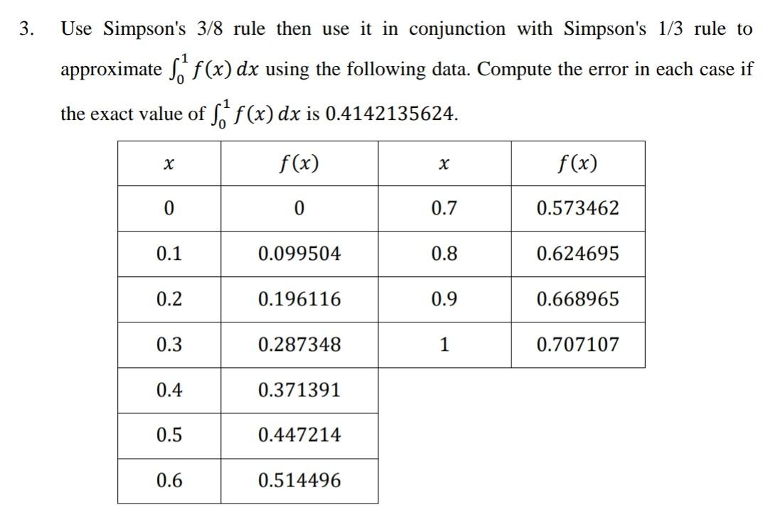 Solved 3. Use Simpson's 3/8 rule then use it in conjunction | Chegg.com