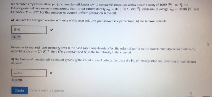 Solved We consider a crystalline silicon p-njunction solar | Chegg.com