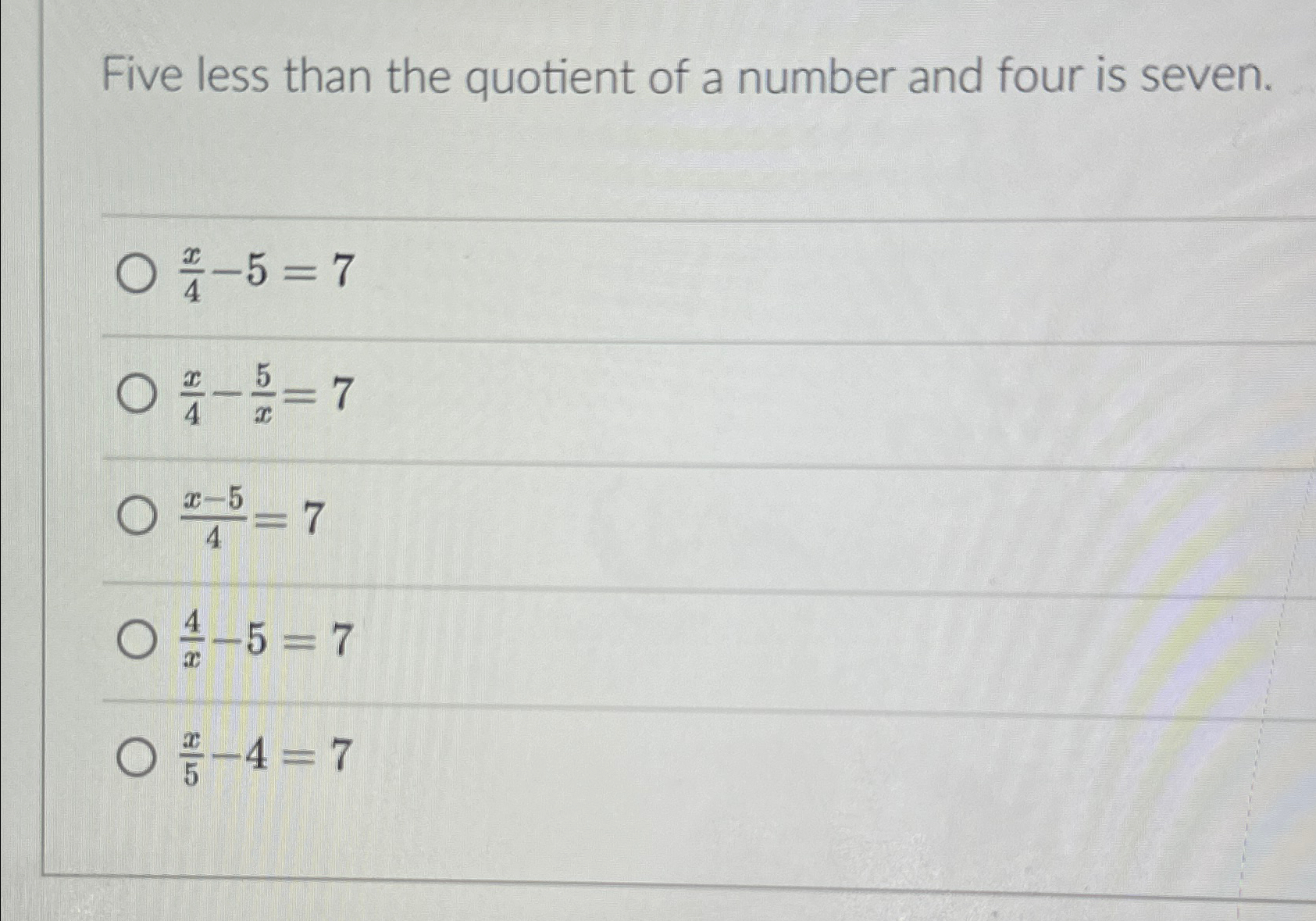 the quotient of a number less five and four is eleven