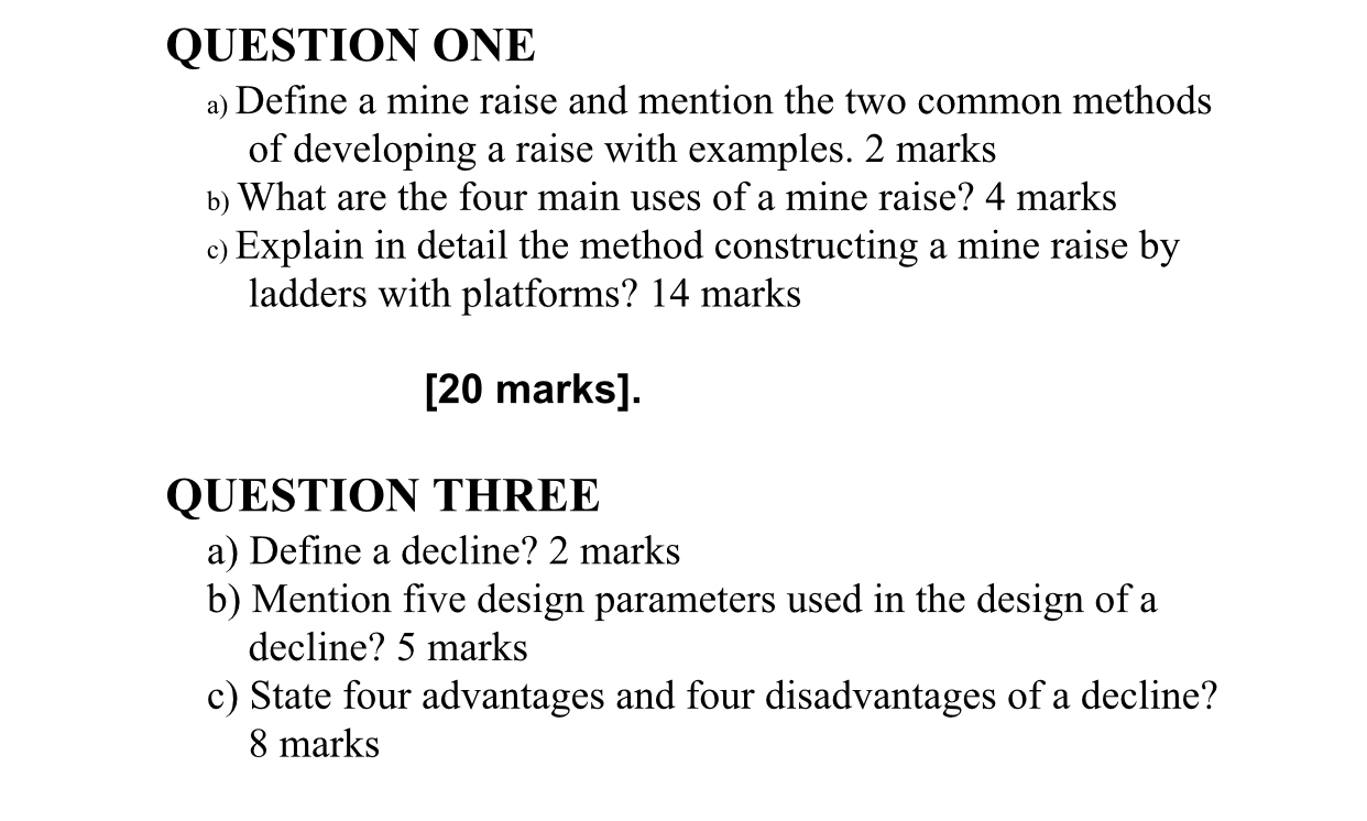 Solved QUESTION ONEa) ﻿Define a mine raise and mention the | Chegg.com