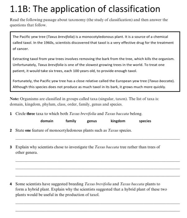 Solved 1.1B: The application of classification Read the | Chegg.com