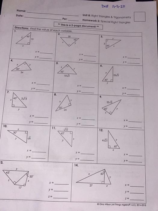 Solved Due Il 11 20 Name Date Per Unit 8 Right Triangles 3911