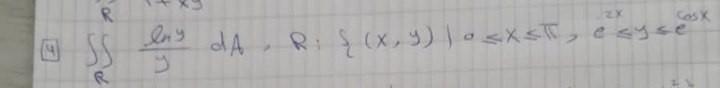 4) \( \iint_{R}^{R} \frac{\ln y}{y} d A, R:\left\{(x, y) \mid 0 \leqslant x \leqslant \pi, e^{2 x} \leqslant y \leqslant e^{\