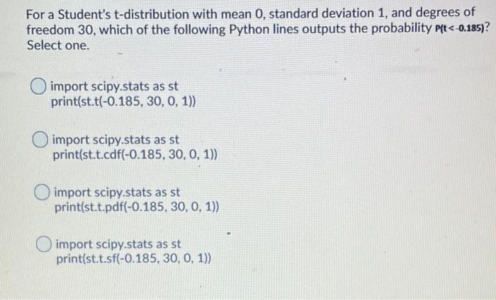 Solved For a Student's t-distribution with mean 0, standard | Chegg.com