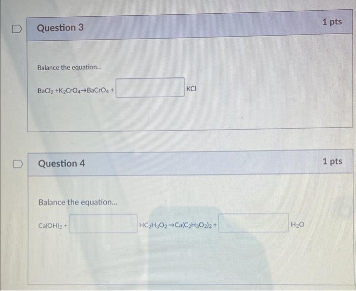 Balance the equation... BaCl2+K2CrO4→BaCrO4+ KCl | Chegg.com