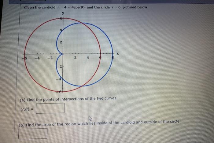 Solved Given the cardioid = 4 + 4cos(0) and the circle=6 | Chegg.com