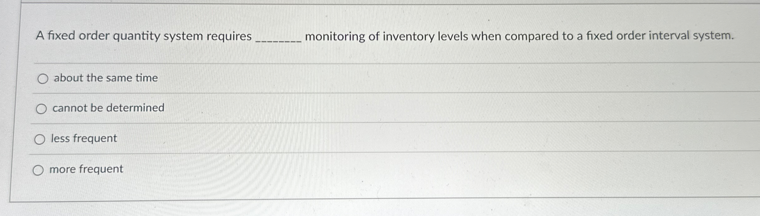 Solved A fixed order quantity system requires monitoring of | Chegg.com