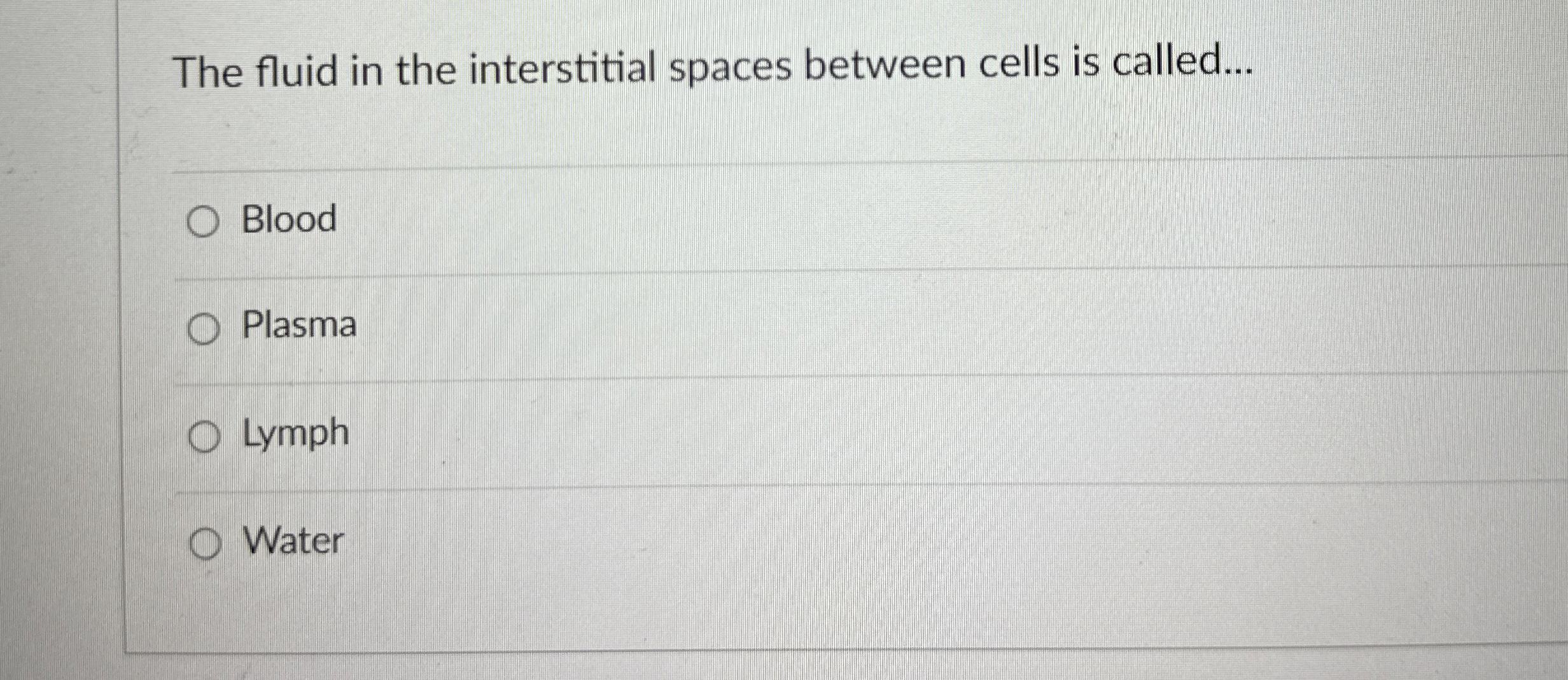 Solved The fluid in the interstitial spaces between cells is | Chegg.com