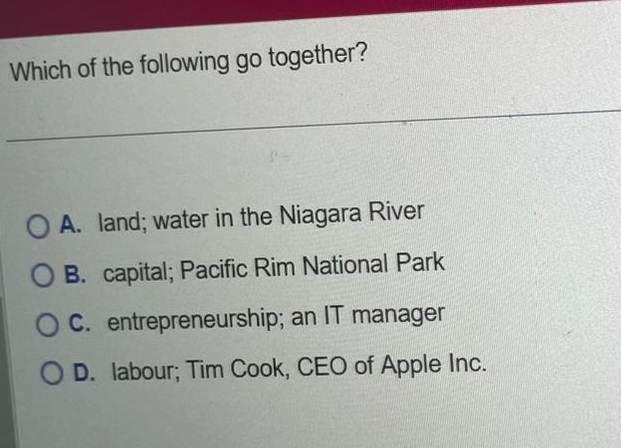 Which of the following go together?A. ﻿land; water in | Chegg.com