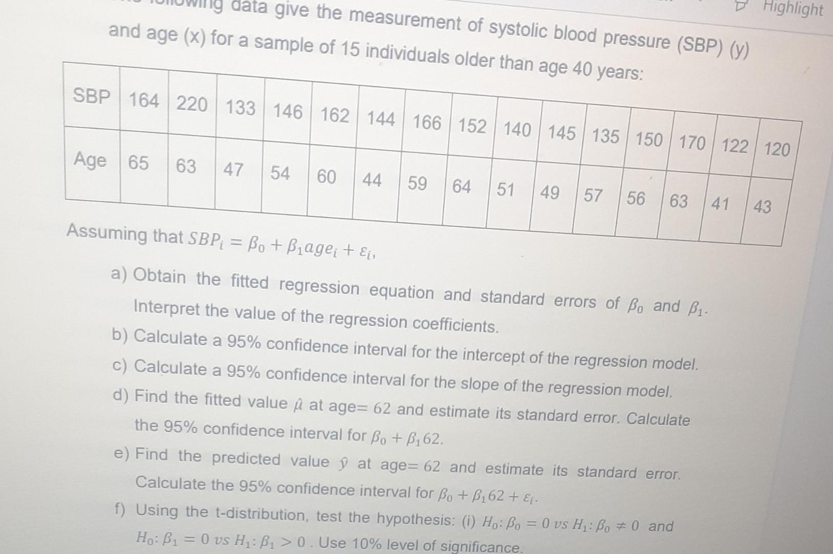 Solved data give the measurement of systolic blood pressure | Chegg.com