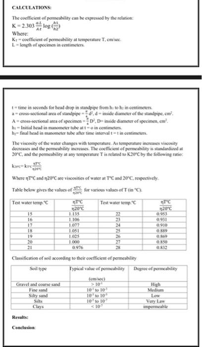 Solved CALCULATIONS: The coefficient of permeability can be | Chegg.com