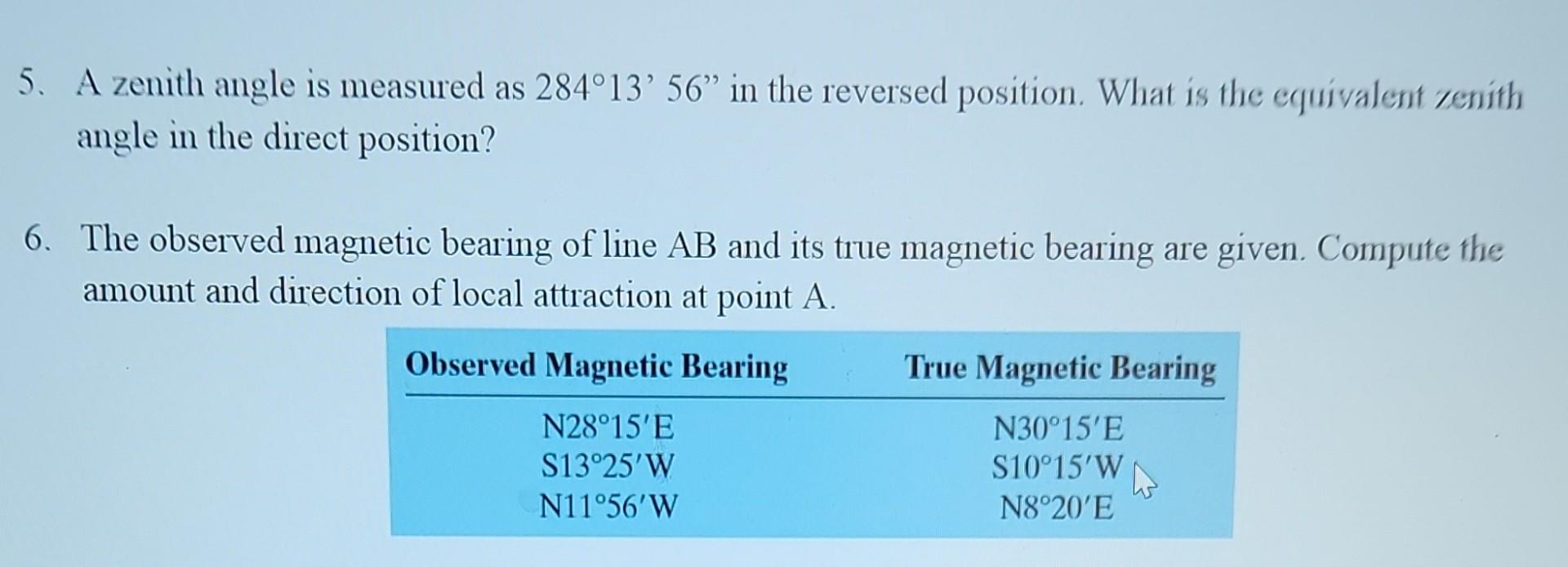 Solved 5. A zenith angle is measured as 284∘13′56′′ in the | Chegg.com
