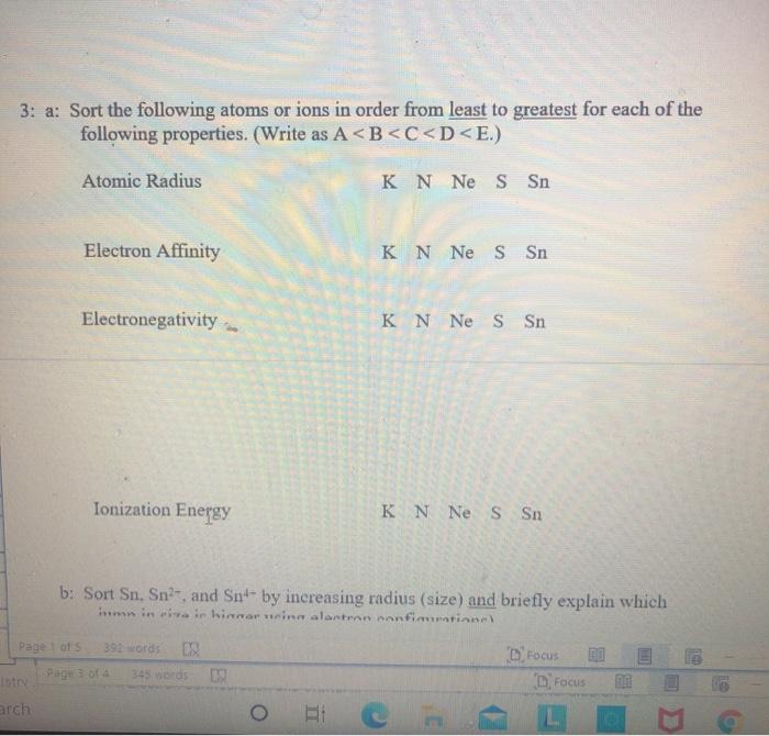 Solved 3: a: Sort the following atoms or ions in order from | Chegg.com