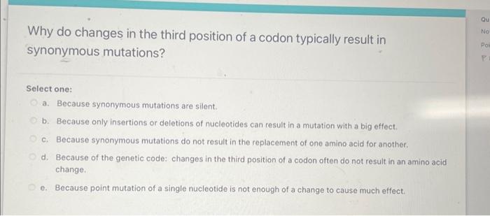 Solved Why do changes in the third position of a codon | Chegg.com